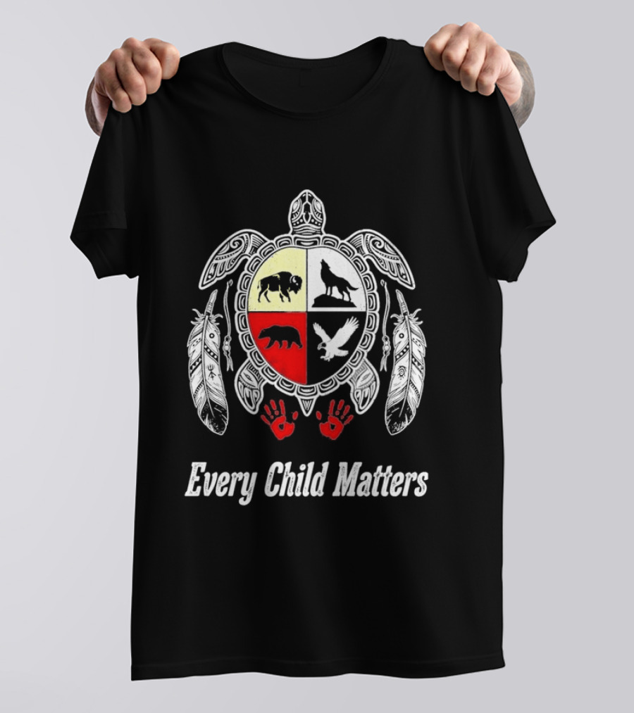 Every Child Matters Native American Turtle Medicine Wheel Feathers And Red Handprints T-Shirt
