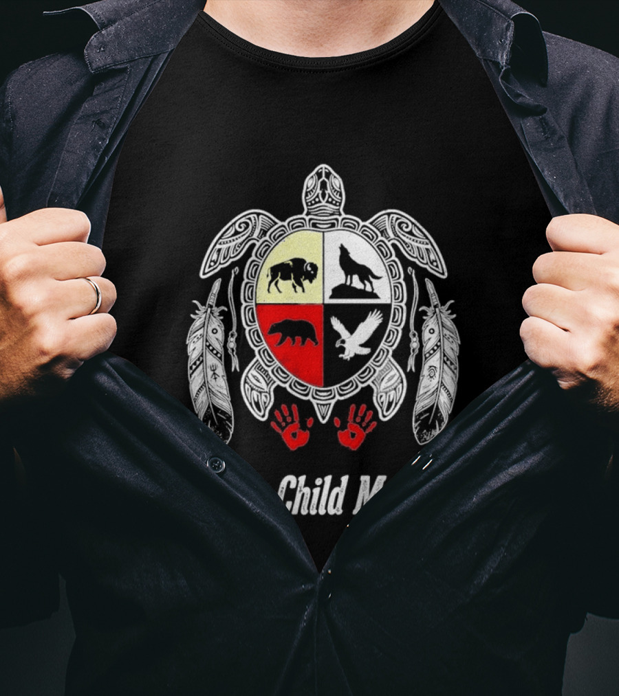Every Child Matters Native American Turtle Medicine Wheel Feathers And Red Handprints T-Shirt
