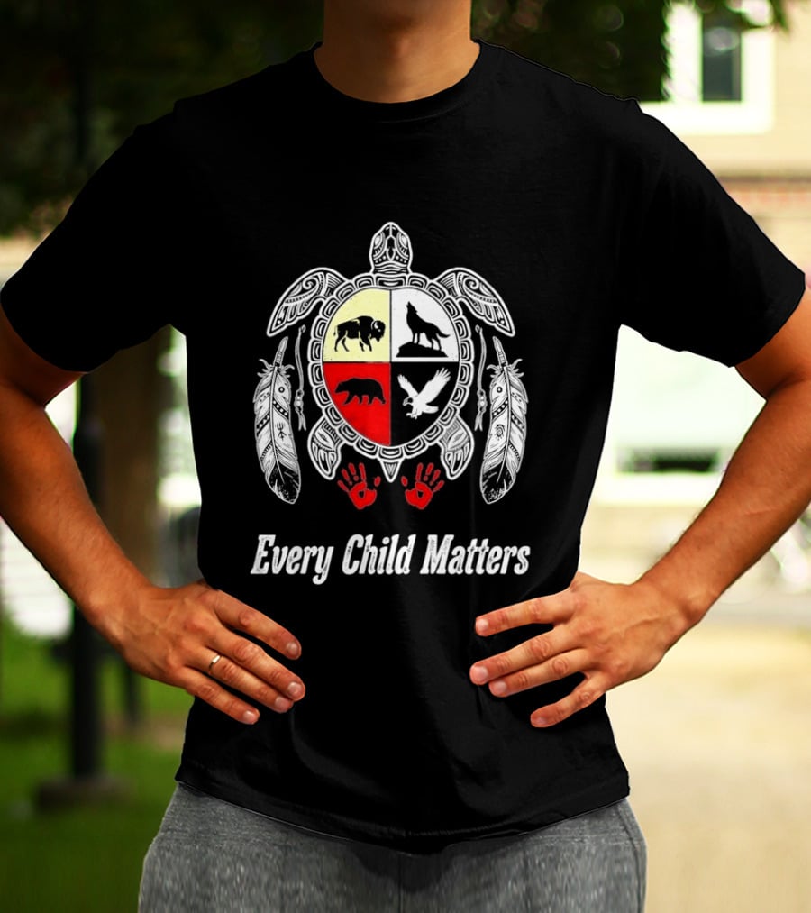 Every Child Matters Native American Turtle Medicine Wheel Feathers And Red Handprints T-Shirt