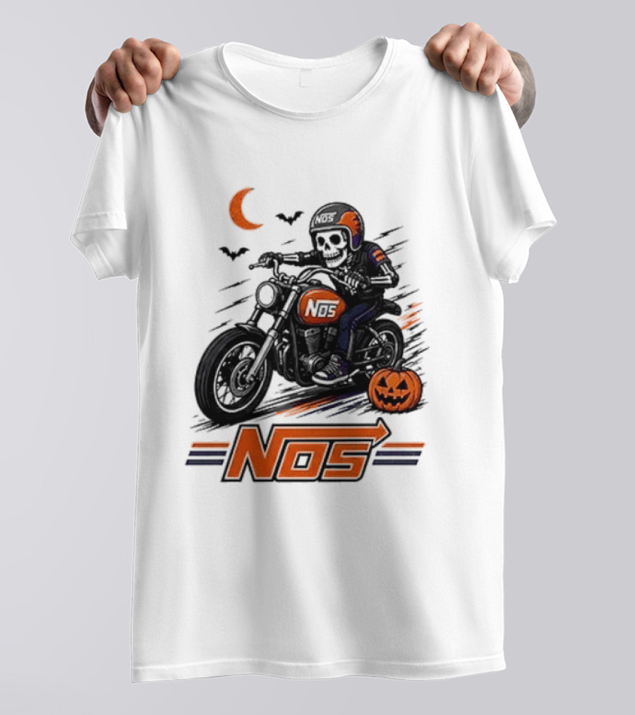 NOS Skeleton Biker Halloween Pumpkin Moon Bats T-Shirt