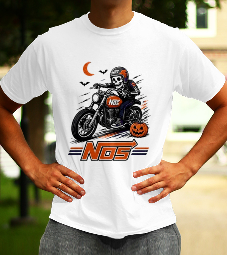 NOS Skeleton Biker Halloween Pumpkin Moon Bats T-Shirt