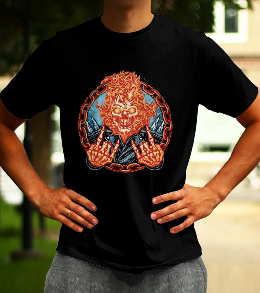 Ghost Rider Flaming Skull Heavy Metal Fiery Chain Rock And Roll T-Shirt