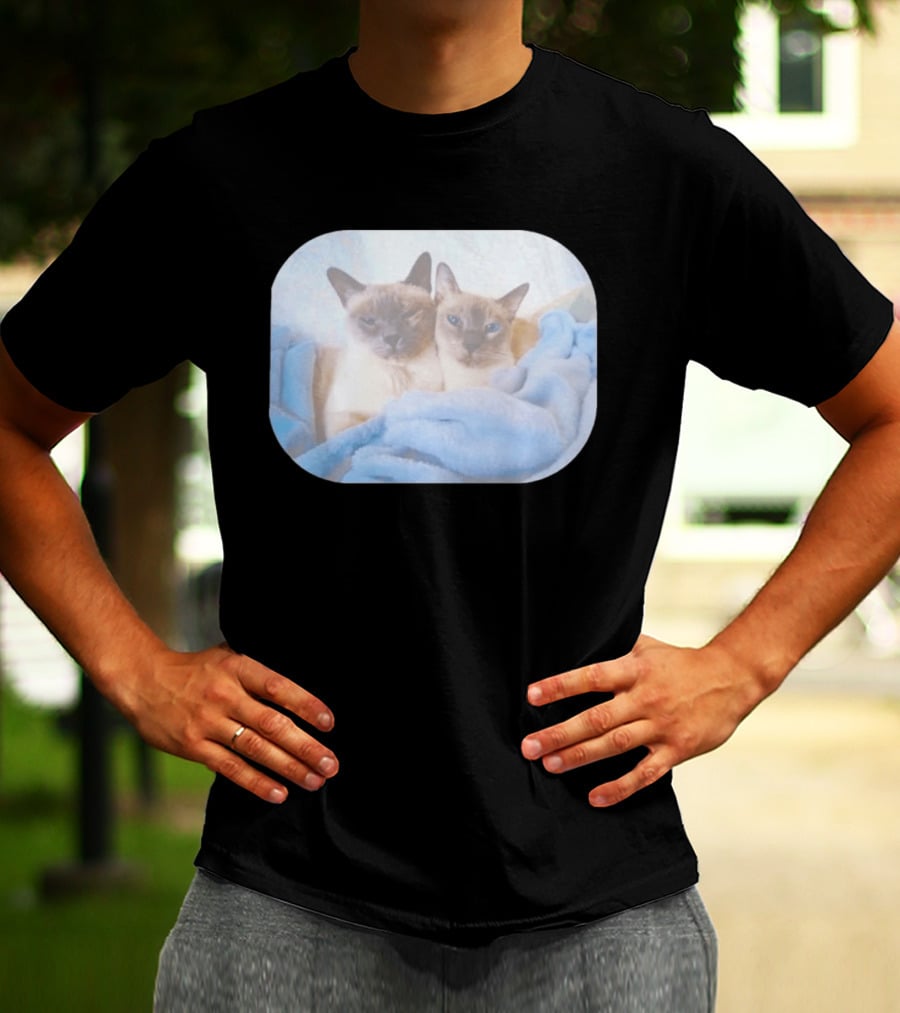 Siamese Cats Snuggling In Blue Blanket T-Shirt