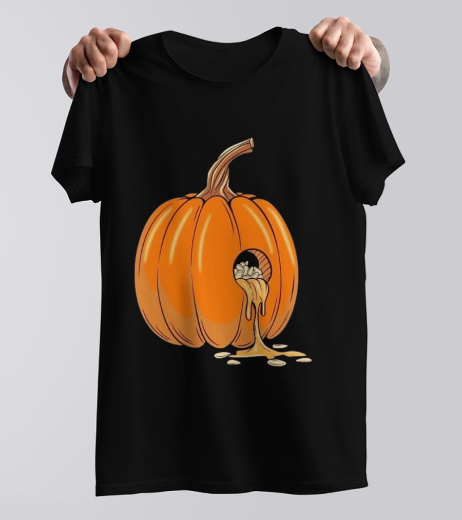 Gourdy Hole Halloween Pumpkin With Seeds Streaming Out T-Shirt