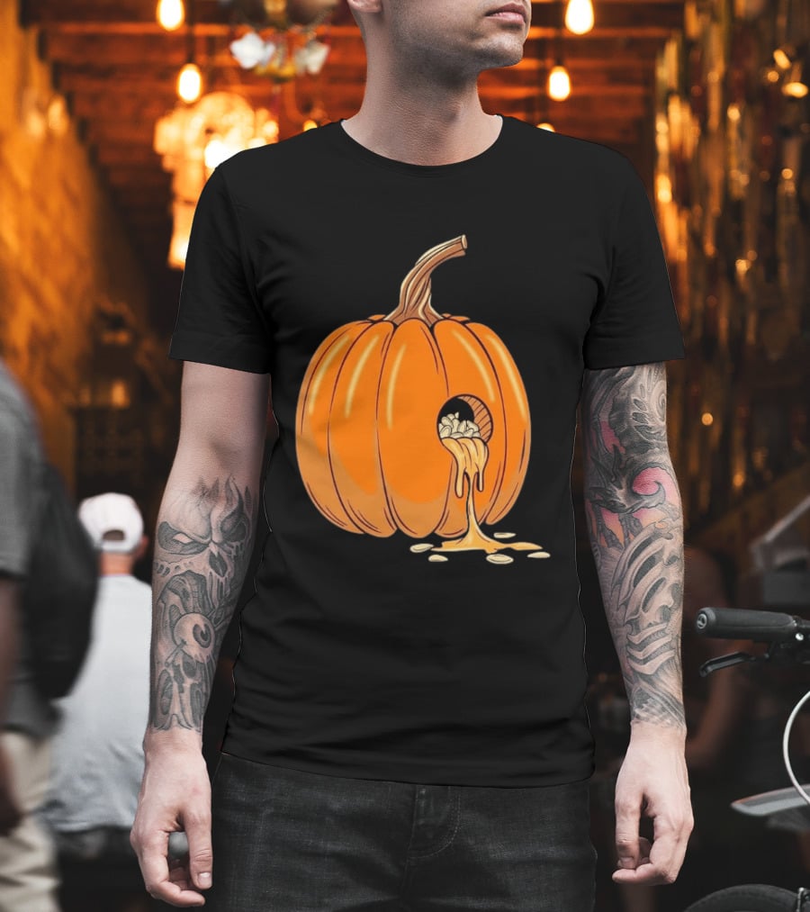 Gourdy Hole Halloween Pumpkin With Seeds Streaming Out T-Shirt