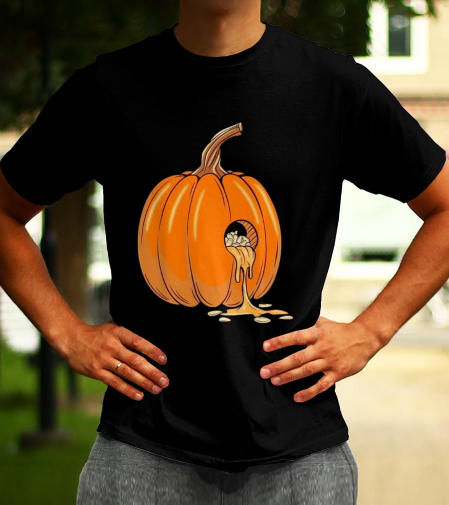 Gourdy Hole Halloween Pumpkin With Seeds Streaming Out T-Shirt