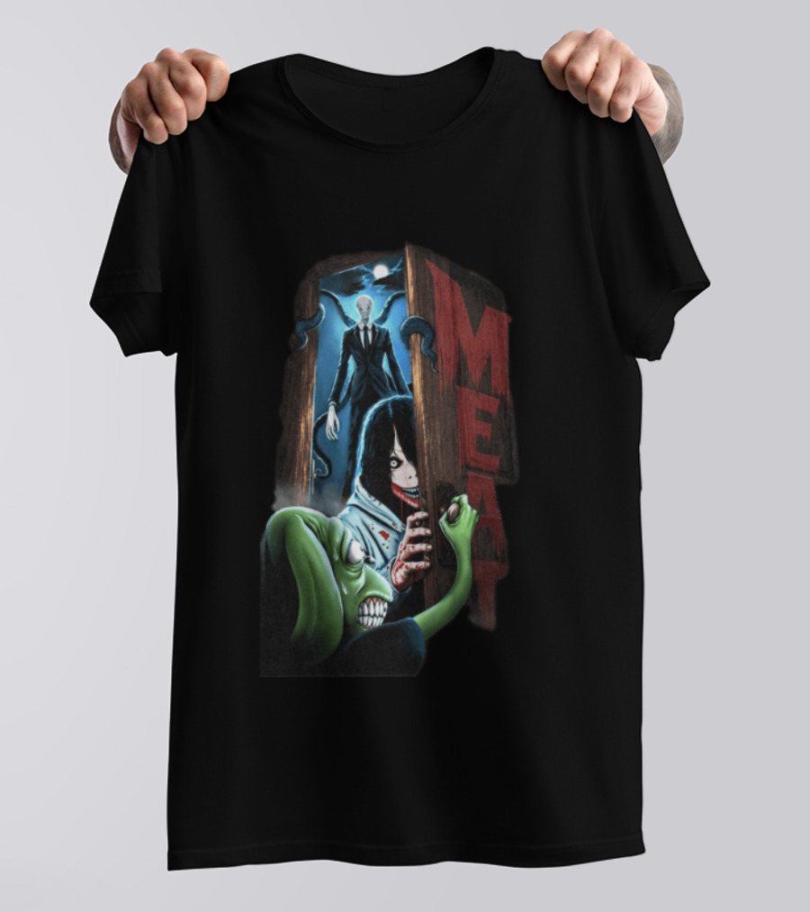 Meatcanyon Store Knock Knock Creepy Distressed Characters Horror Scene T-Shirt
