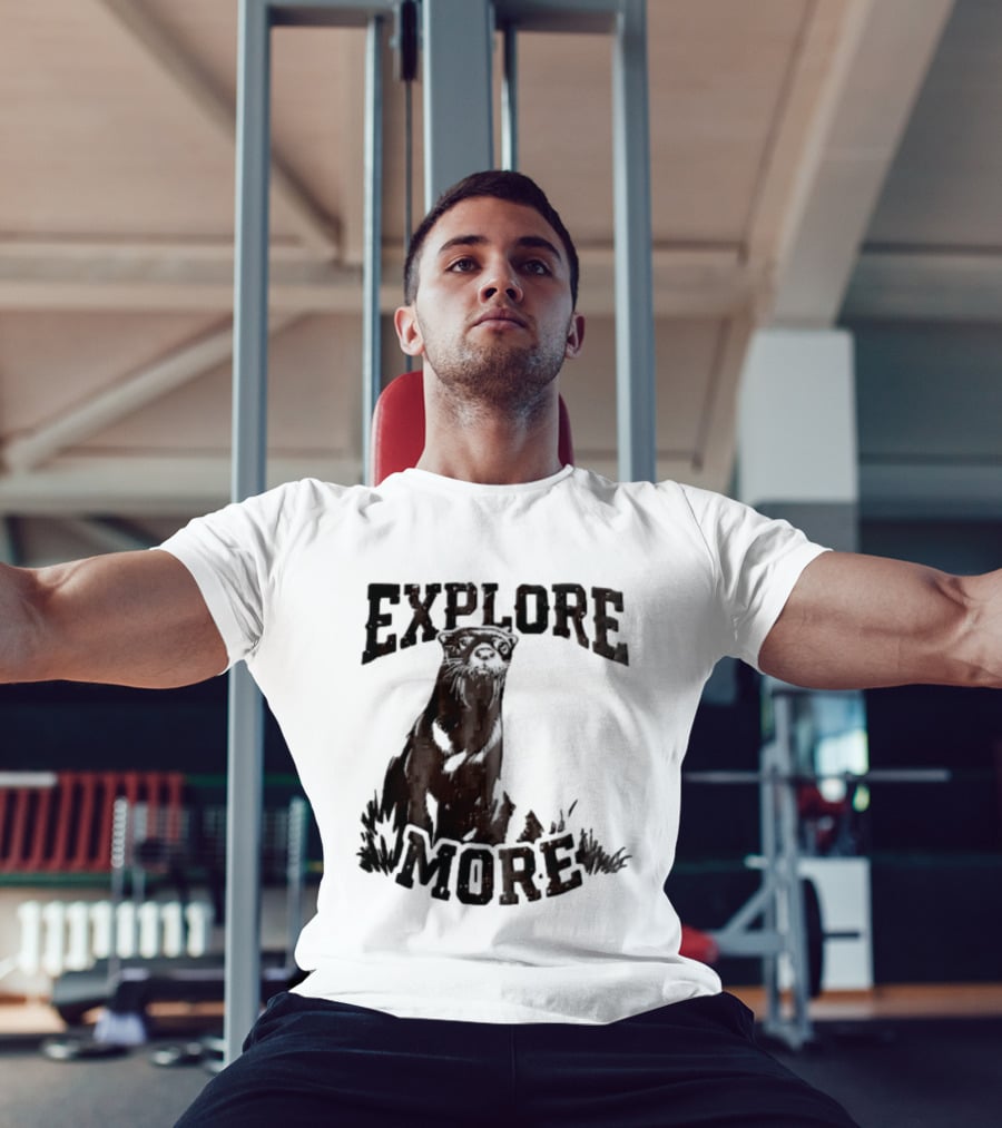 Explore More River Otter Tall Grass Distressed Woodcut Black White T-Shirt