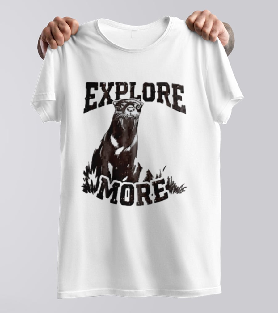 Explore More River Otter Tall Grass Distressed Woodcut Black White T-Shirt
