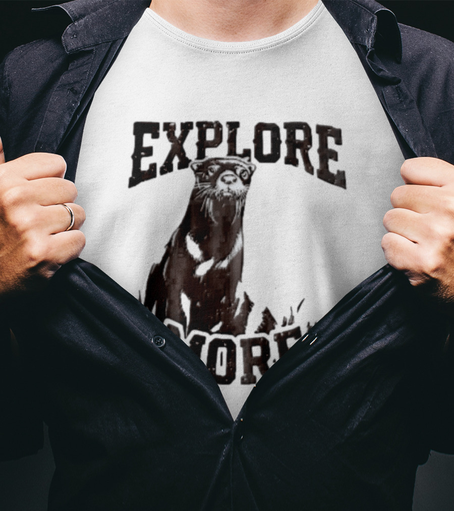 Explore More River Otter Tall Grass Distressed Woodcut Black White T-Shirt
