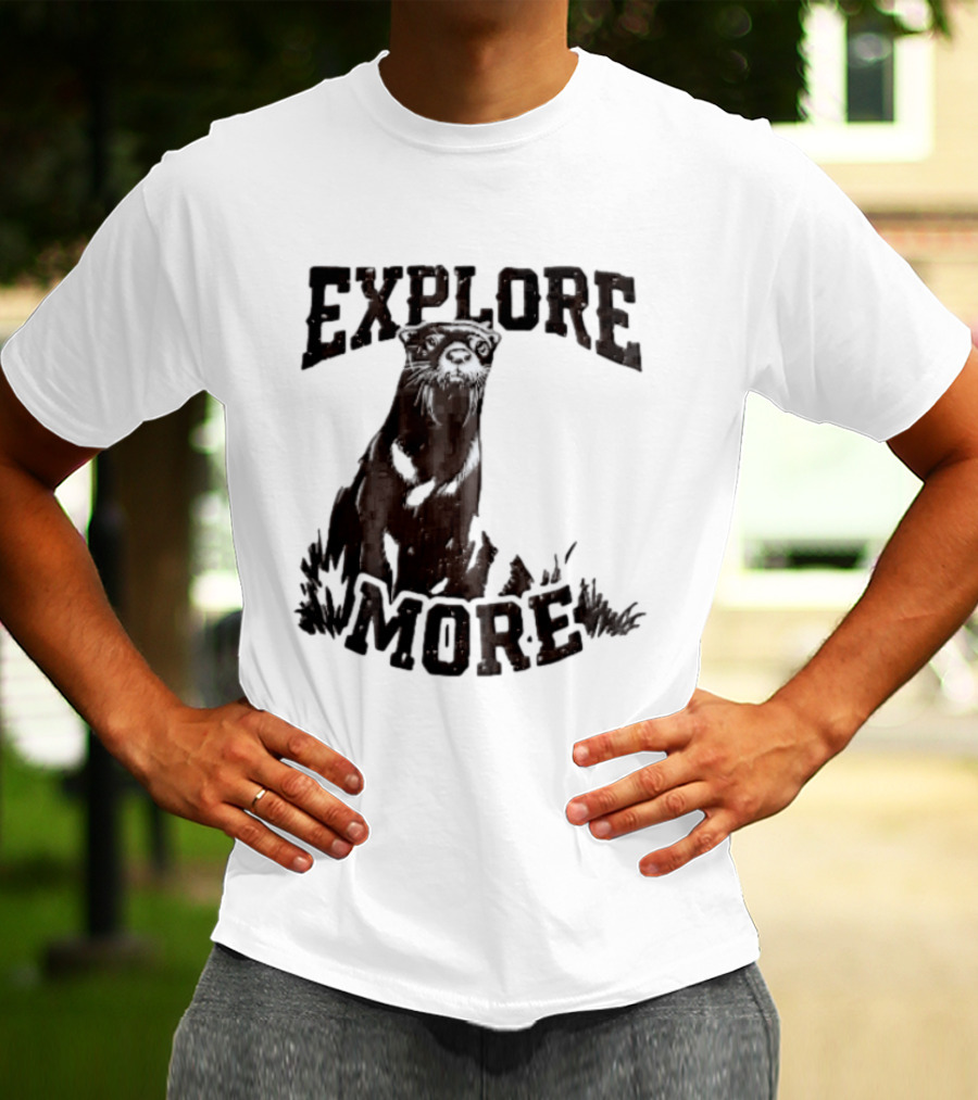 Explore More River Otter Tall Grass Distressed Woodcut Black White T-Shirt