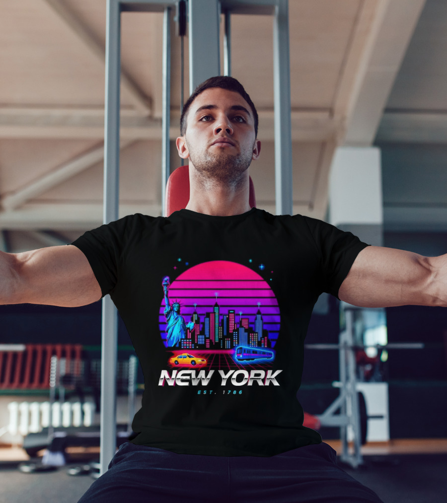 New York Est 1786 Cityscape Synthwave Statue Of Liberty Neon Skyline Retro Car T-Shirt