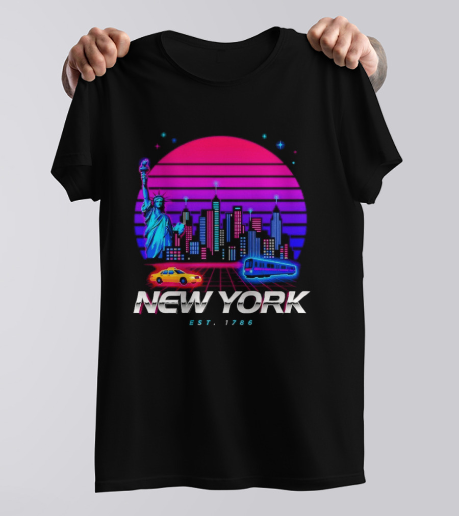 New York Est 1786 Cityscape Synthwave Statue Of Liberty Neon Skyline Retro Car T-Shirt