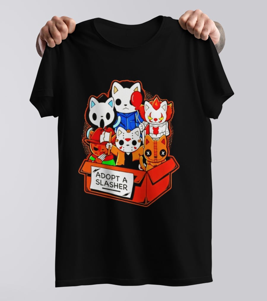 Adopt A Slasher Horror Movie Cat Characters Box Featuring Iconic Halloween Villains T-Shirt