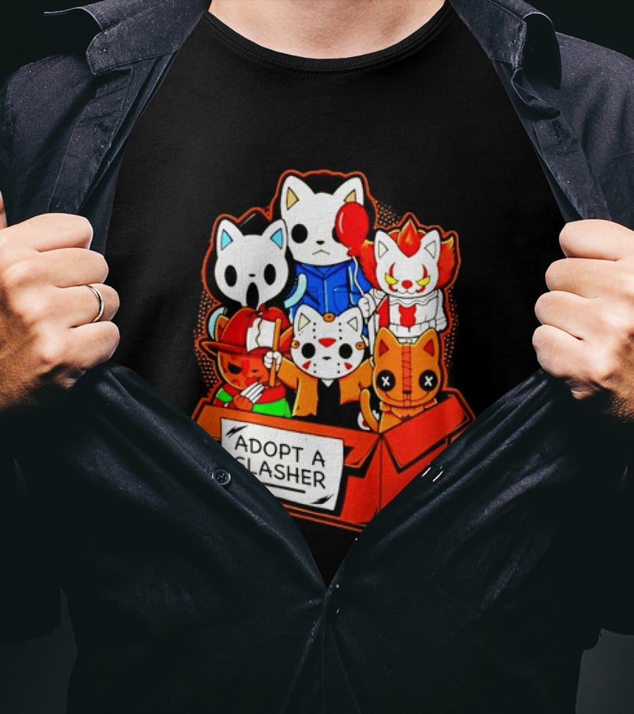 Adopt A Slasher Horror Movie Cat Characters Box Featuring Iconic Halloween Villains T-Shirt