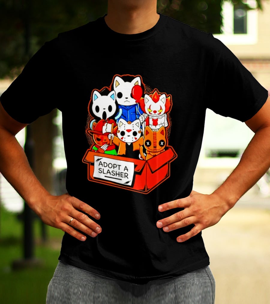Adopt A Slasher Horror Movie Cat Characters Box Featuring Iconic Halloween Villains T-Shirt