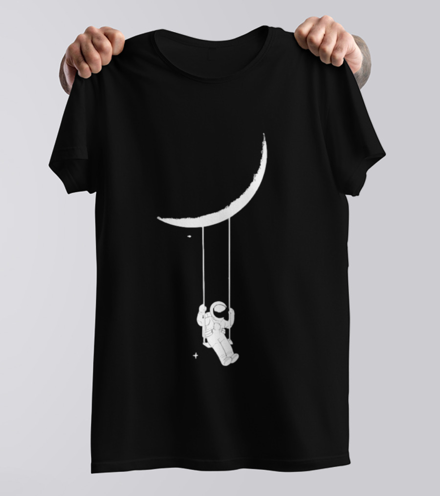 Astronaut Swinging On Crescent Moon Space Scene T-Shirt