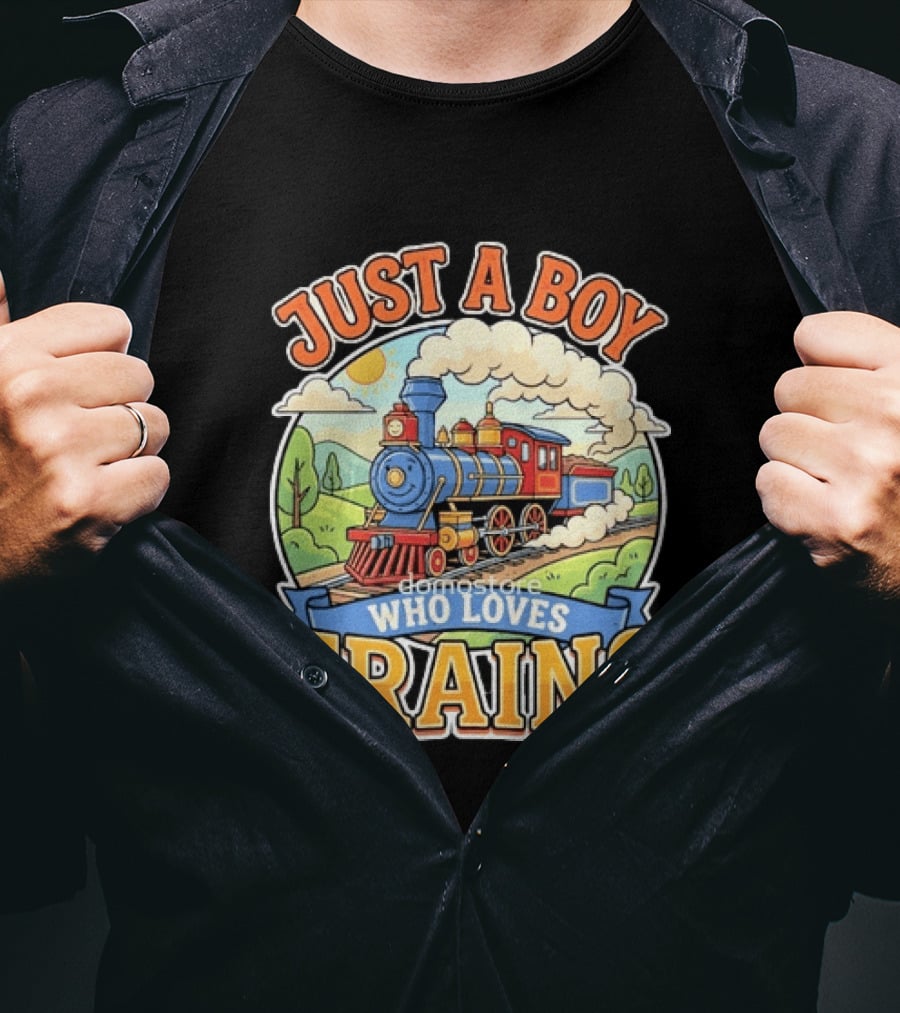 Just A Boy Who Loves Trains Colorful Locomotive Adventure T-Shirt