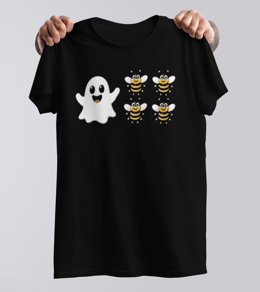 Cartoon White Ghost And Waving Four Bumblebees Cute T-Shirt