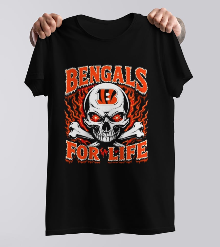 Bengals For Life Skull And Crossbones Fiery T-Shirt