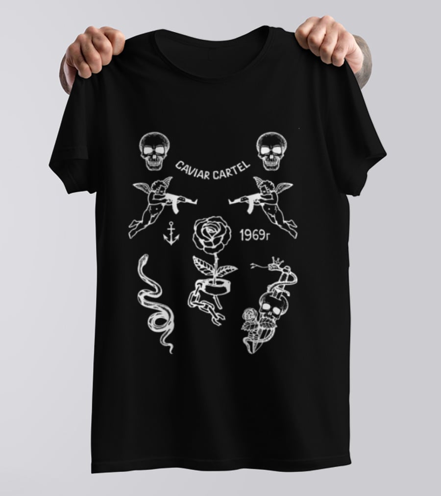 Ssur Caviar Cartel 1969t Skull Rose Snake Wings Anchor Icons Black Oversized T-Shirt