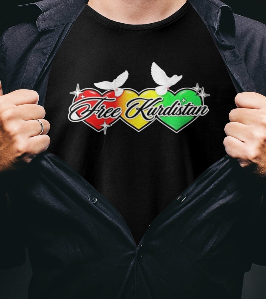Free Kurdistan Red Yellow Green Hearts Doves T-Shirt