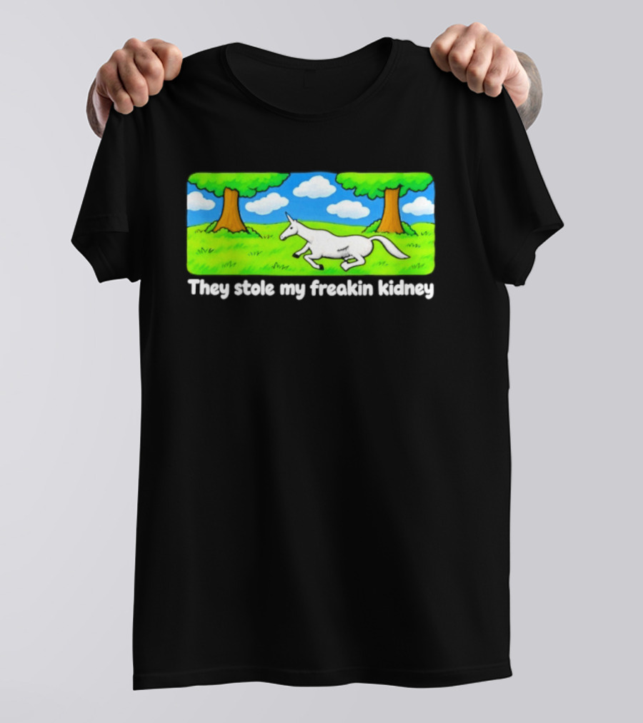 They Stole My Freakin Kidney Unicorn Cartoon Scene T-Shirt
