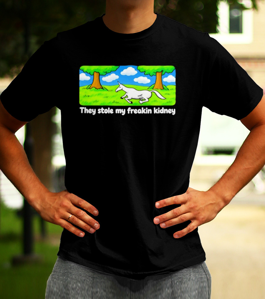 They Stole My Freakin Kidney Unicorn Cartoon Scene T-Shirt