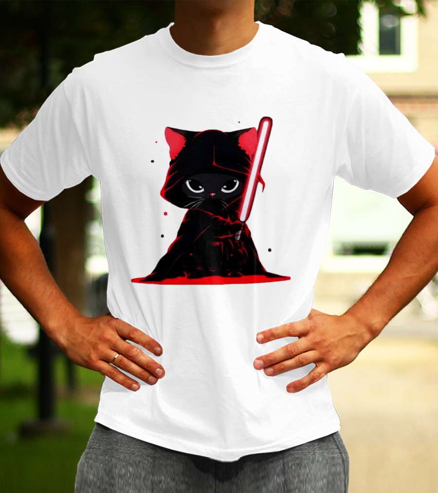 Black Cat Sith With Red Lightsaber Cloaked In Darkness T-Shirt