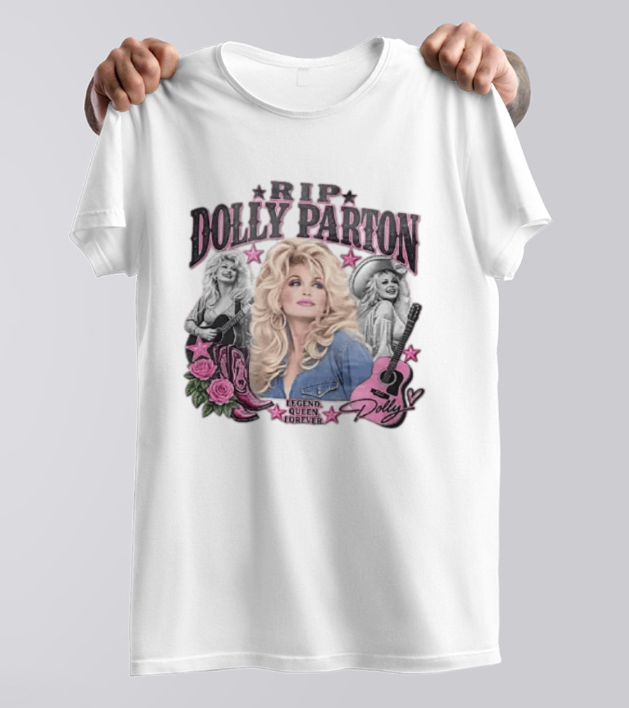 RIP Dolly Parton Legend Queen Forever Pink Cowboy Boots Roses Guitars Stars T-Shirt