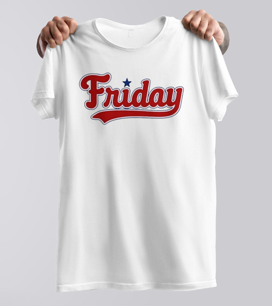 Friday Weekend Casual Baseball Style Script Red Text With Star T-Shirt
