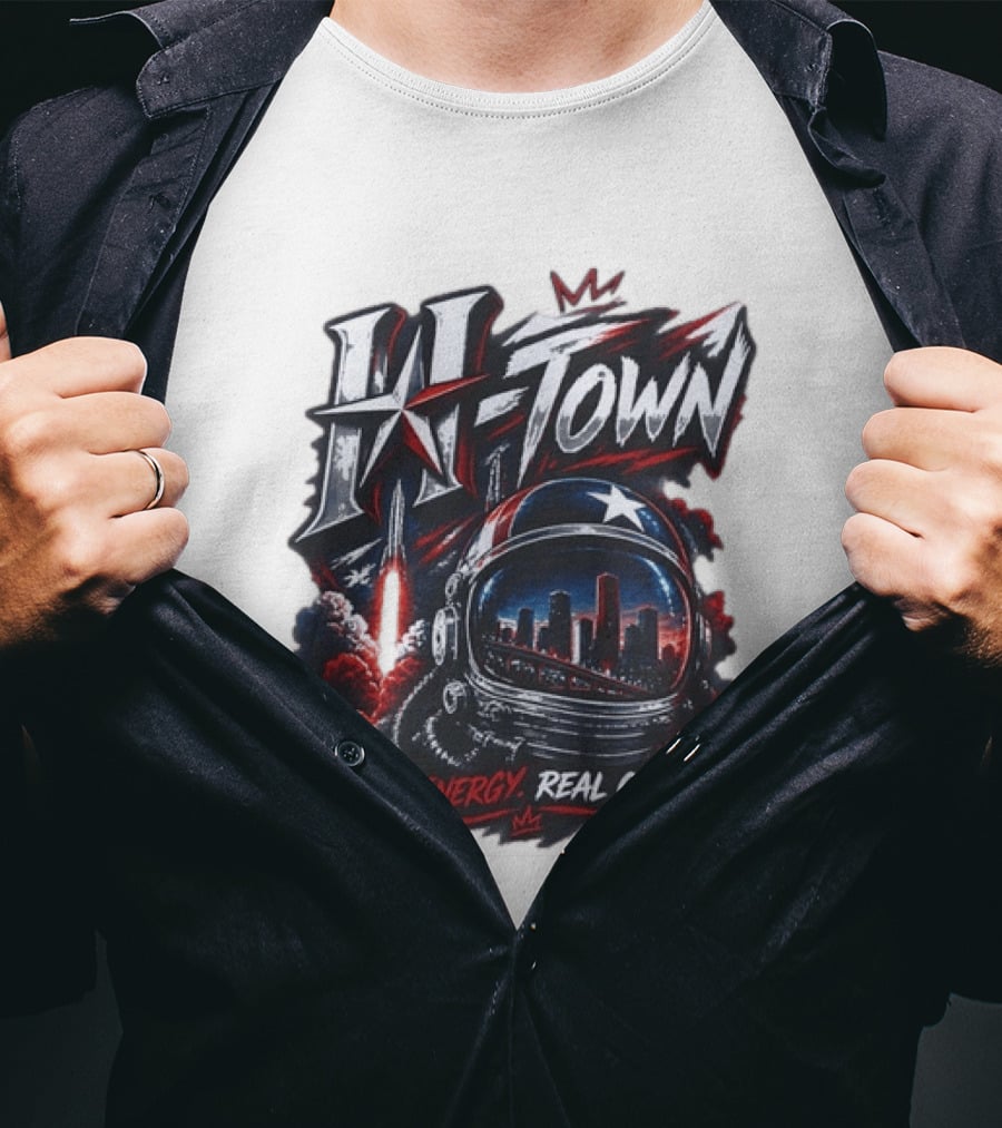 H Town Big Energy Real Ones Houston Astronaut Skyline T-Shirt