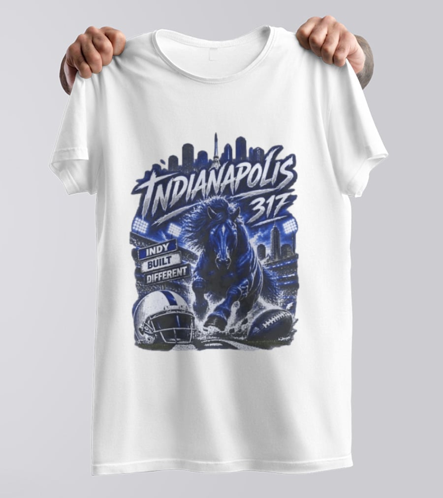 Indianapolis Colts 317 Indy Built Different Football Horse Helmet Skyline T-Shirt