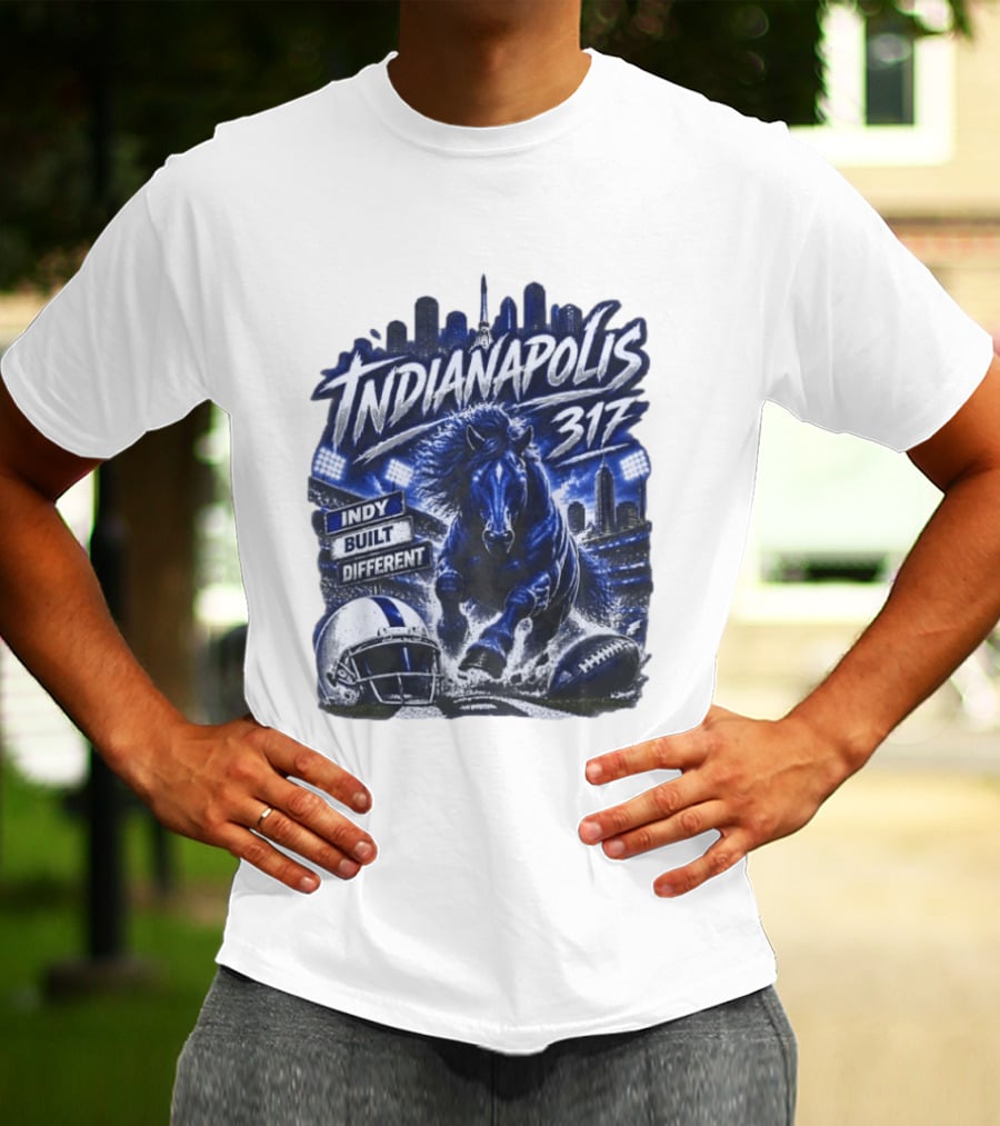 Indianapolis Colts 317 Indy Built Different Football Horse Helmet Skyline T-Shirt