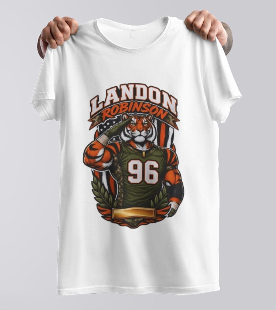 Landon Robinson 96 Tiger American Flag Salute T-Shirt