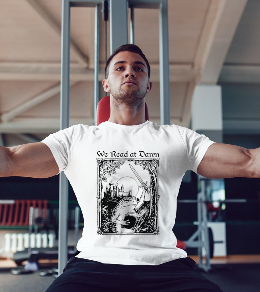 We Read At Dawn Frog Holding Sword And Book In Enchanted Forest T-Shirt