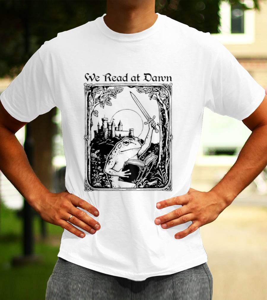 We Read At Dawn Frog Holding Sword And Book In Enchanted Forest T-Shirt