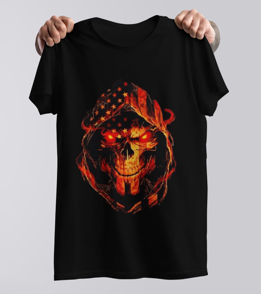 American Flag Skull Grim Reaper With Glowing Red Eyes T-Shirt