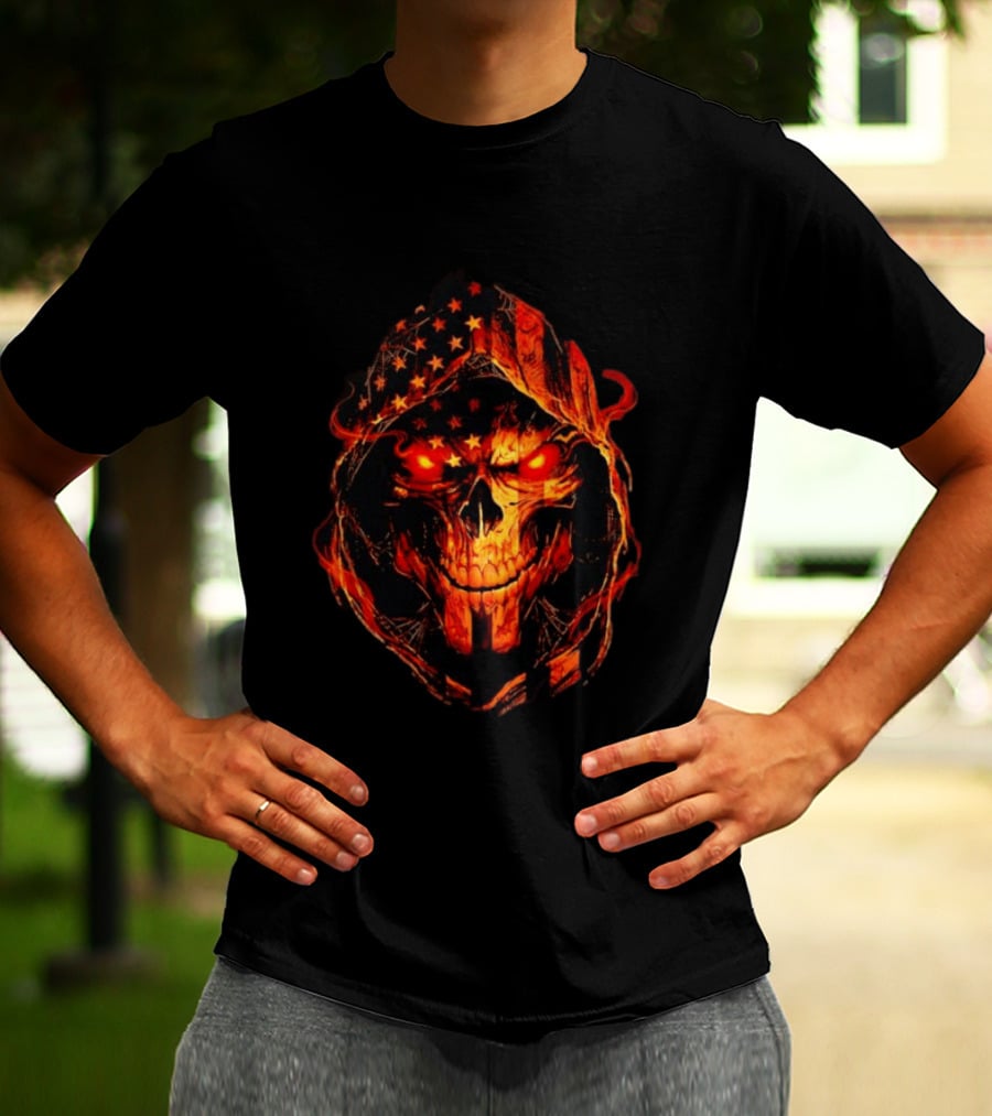 American Flag Skull Grim Reaper With Glowing Red Eyes T-Shirt