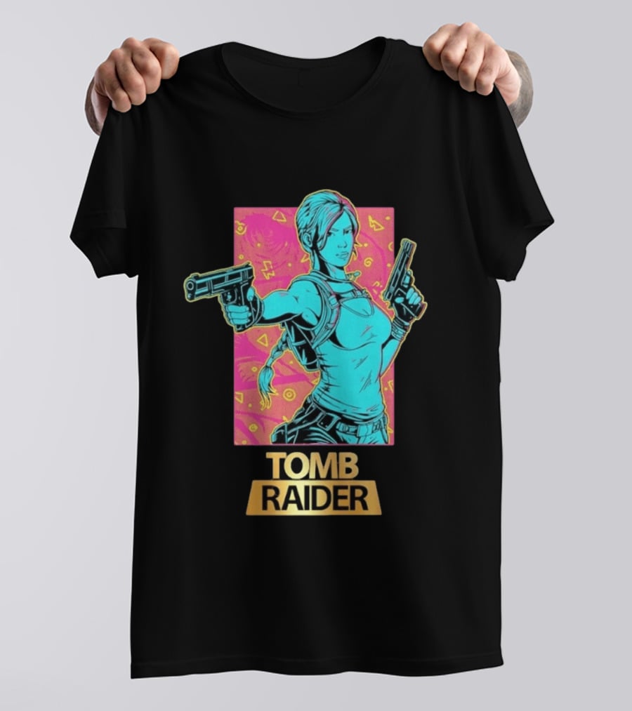 Tomb Raider Lara Croft Neon Halftone Dual Pistols T-Shirt
