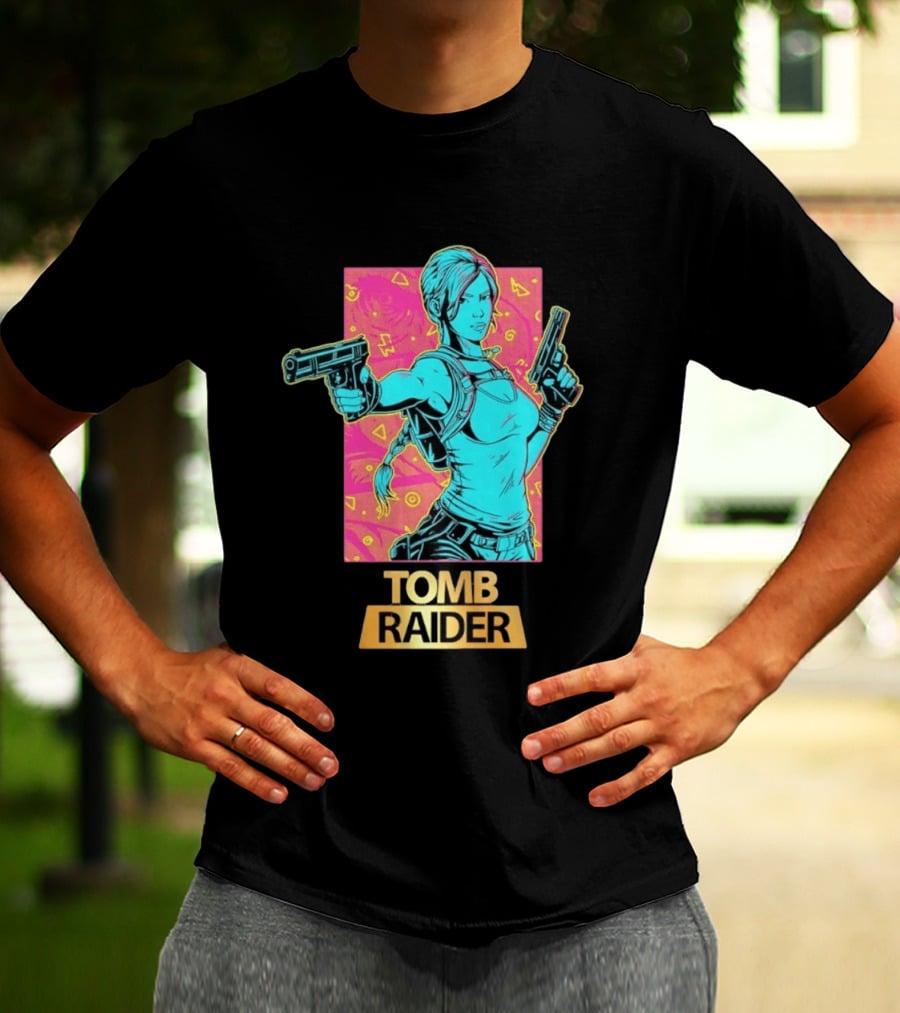 Tomb Raider Lara Croft Neon Halftone Dual Pistols T-Shirt