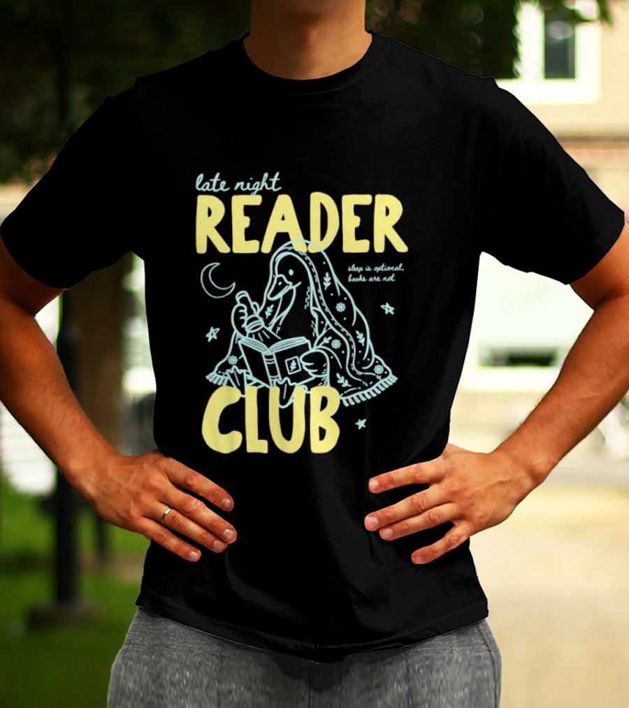 Late Night Reader Club Penguin Reading Moon Stars Sleep Is Optional Books Are Not T-Shirt