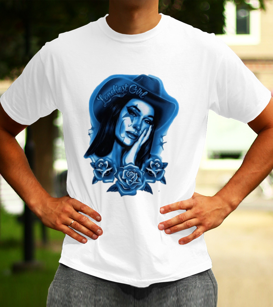 Loneliest Girl Airbrush Cowgirl In Blue With Roses T-Shirt