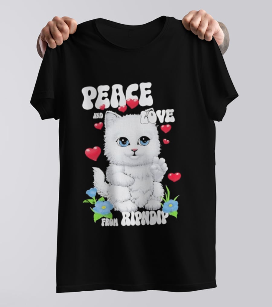 Peace And Love Ripndip Cat Kitten Hearts And Flowers T-Shirt