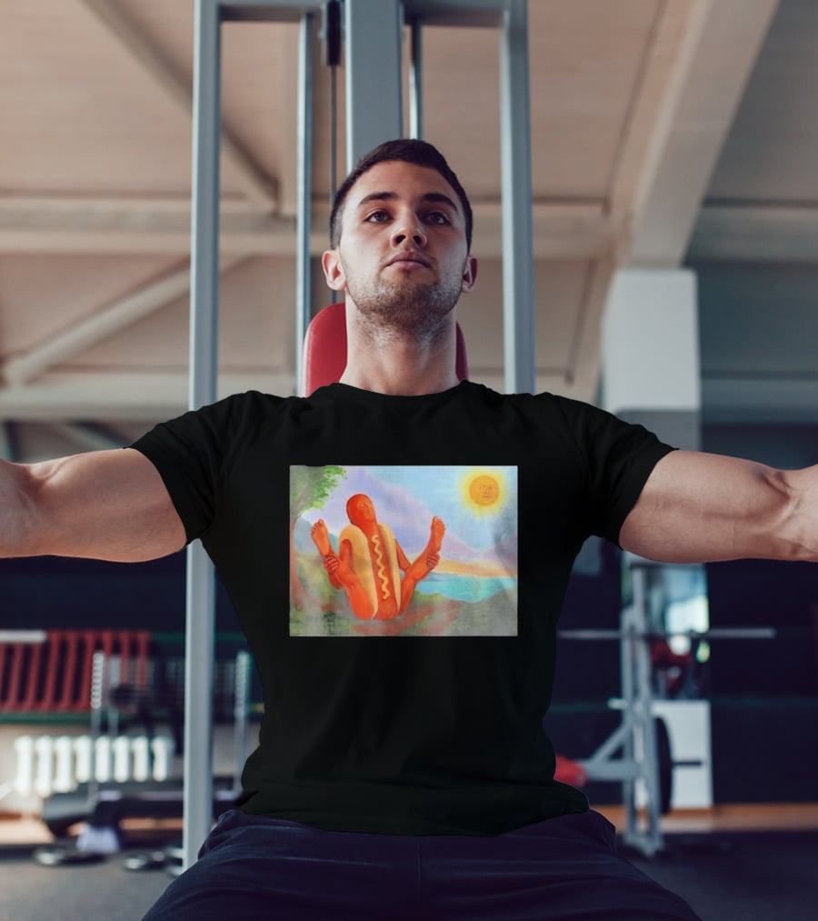 Surreal Hot Dog Doing Yoga At Sunrise With Smiling Sun T-Shirt
