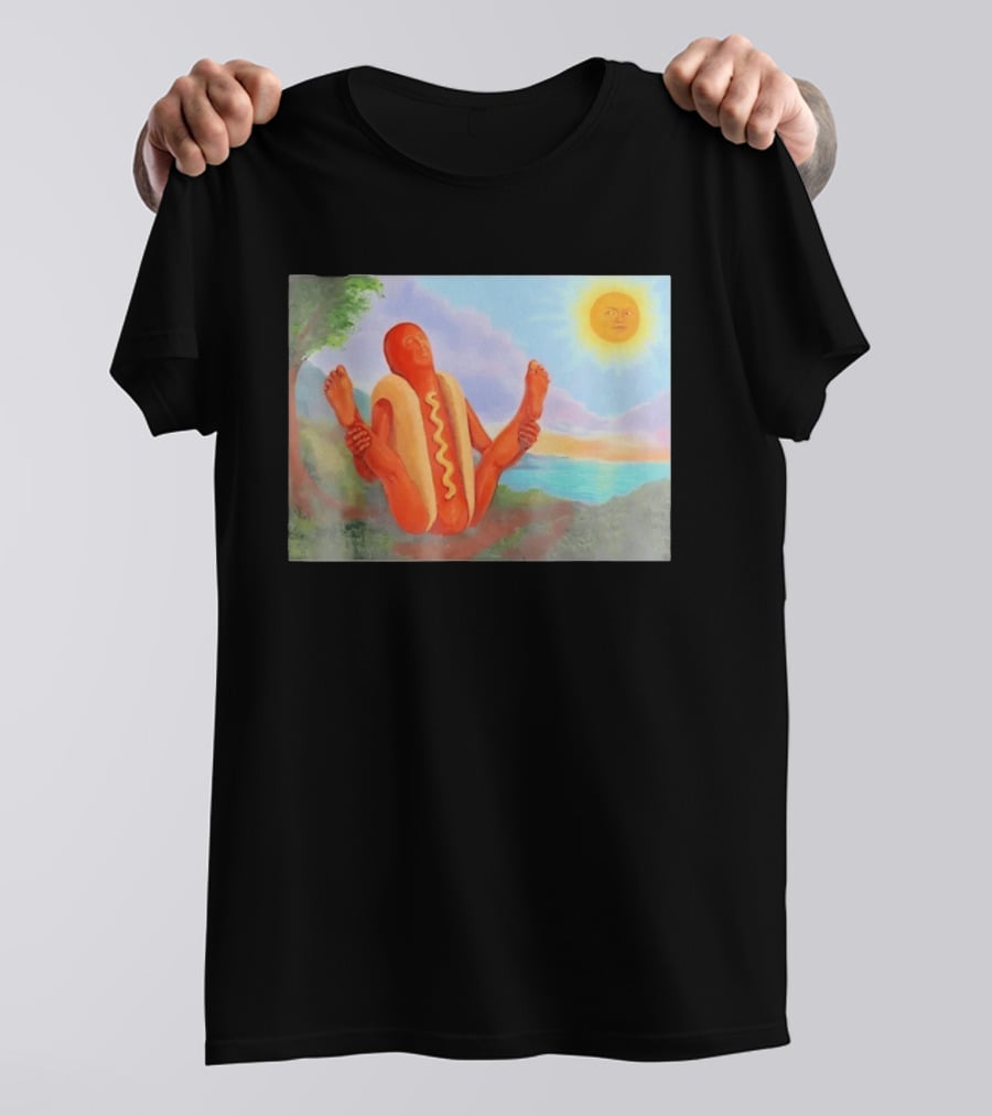 Surreal Hot Dog Doing Yoga At Sunrise With Smiling Sun T-Shirt