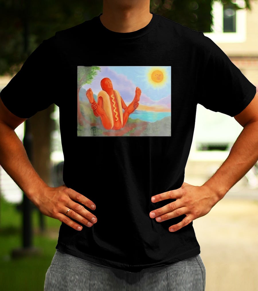 Surreal Hot Dog Doing Yoga At Sunrise With Smiling Sun T-Shirt