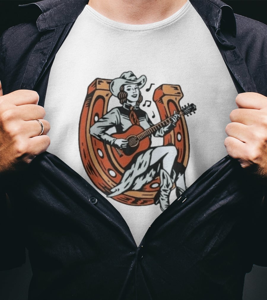 Cowgirl Playing Guitar On Horseshoe Classic Western Music Scene T-Shirt