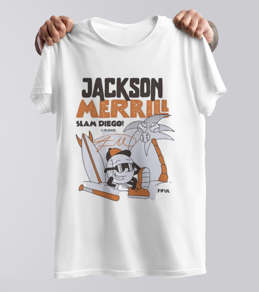 Jackson Merrill San Diego Padres Slam Diego Foul Territory Cartoon Baseball Palms T-Shirt