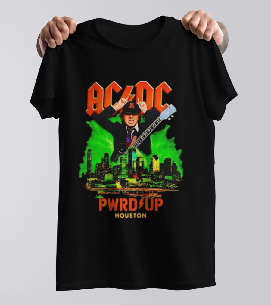 AC DC Angus Young Pwr Up Houston Hard Rock Skyline Electric Guitar T-Shirt